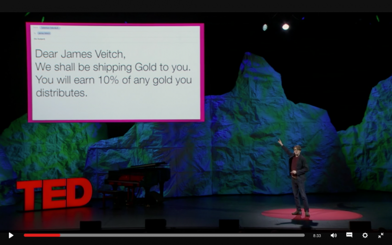 James Veitch deed wat we eigenlijk allemaal stiekem zouden willen doen, hij beantwoordde een mailtje met een 'very interesting business proposal'.