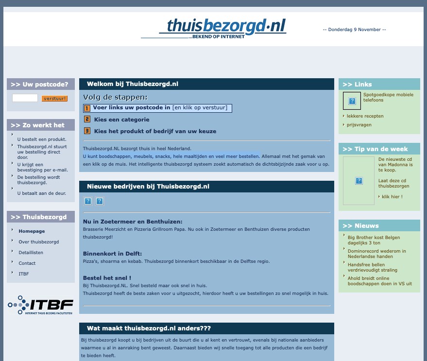 De website van Thuisbezorgd.nl op 9 november 2000. Bron: Wayback Machine/Internet Archive