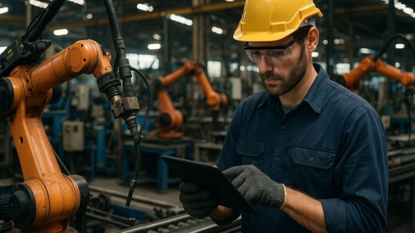 Operator en robot werken samen aan een productielijn, waarbij de mens data-gestuurde beslissingen neemt via een interactief dashboard.