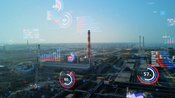 Luchtfoto van een smart factory met digitale dashboards en KPI-visualisaties, symbool voor Industrie 4.0, AI-toepassingen en datagedreven besluitvorming in productiebedrijven.